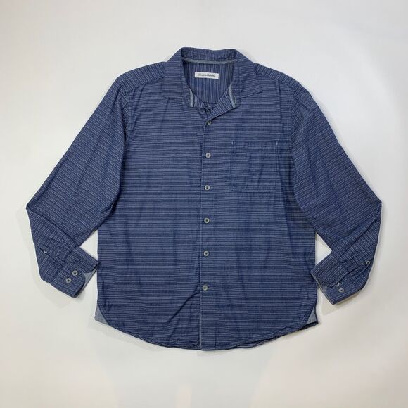 Tommy Bahama Shirt Mens M Medium Storm Blue White Isle Striped Button Up Cotton - Picture 2 of 10